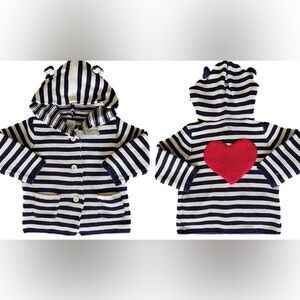 NWT Baby GAP Navy and White Striped Kids Heart Knit Sweater Hoodie Sz 6-12 M